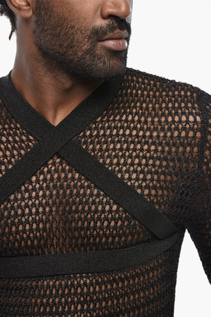 Rundhalspullover SHINY NET mit Criss-Cross-Detail