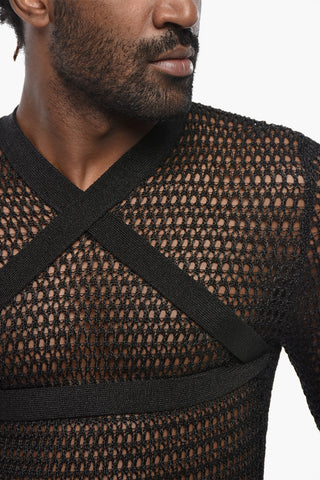 Rundhalspullover SHINY NET mit Criss-Cross-Detail
