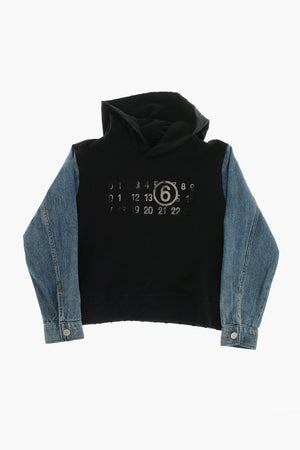 MM6 Felpa Con Cappuccio In Cotone Garzato Con Maniche In Denim