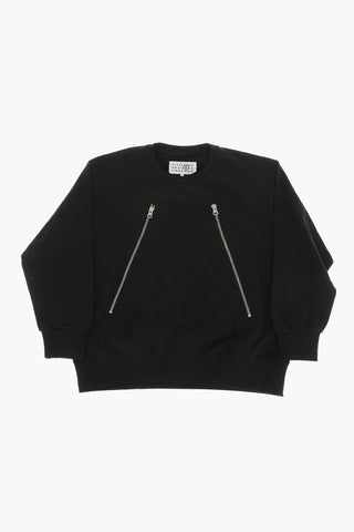Brushed Cotton Crewneck Sweatshirt With Zip Details
