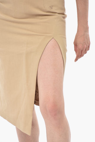 Mixed Linen Midi Skirt With Side Zip