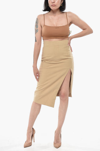 Mixed Linen Midi Skirt With Side Zip