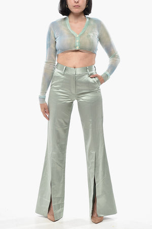 Pantaloni Flared Fit in Satin Bouclè con Spacchi alla Caviglia