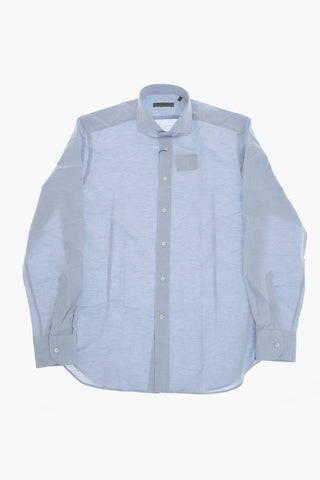 Camicia in Cotone e Lino a Tinta Unita con Collo Francese