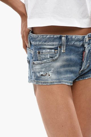 Stonewashed And Distressed Micro Shorts With Chain