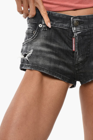Stonewashed And Distressed Micro Shorts With Chain