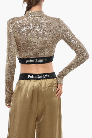 Sequin Long-Sleeve Crop Top With Logo Band