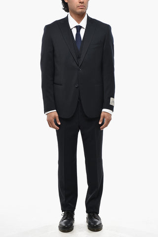 CC COLLECTION Three-Piece Virgin Wool Suit with Waistcoat, Two Vents and Peak Lapel