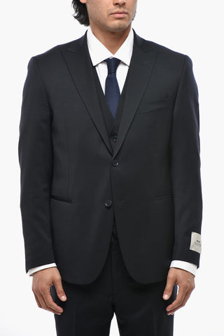 CC COLLECTION Three-Piece Virgin Wool Suit with Waistcoat, Two Vents and Peak Lapel