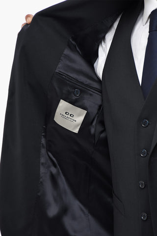 CC COLLECTION Three-Piece Virgin Wool Suit with Waistcoat, Two Vents and Peak Lapel
