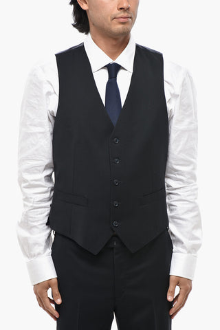 CC COLLECTION Three-Piece Virgin Wool Suit with Waistcoat, Two Vents and Peak Lapel