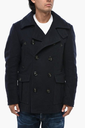 Wool-Blend Double-Breasted Maxi Peacoat with Logo Buttons