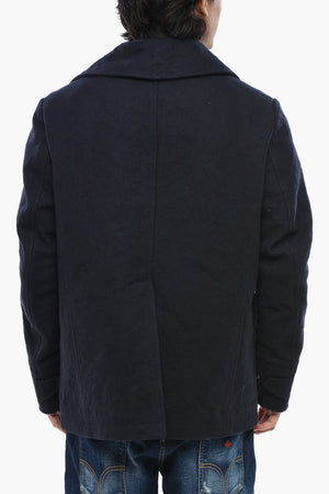 Wool-Blend Double-Breasted Maxi Peacoat with Logo Buttons
