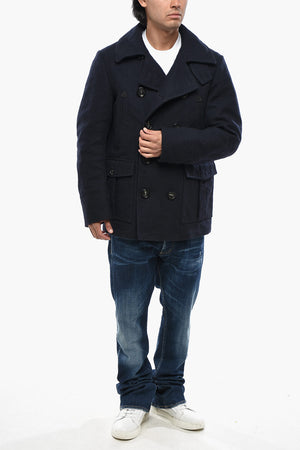 Wool-Blend Double-Breasted Maxi Peacoat with Logo Buttons
