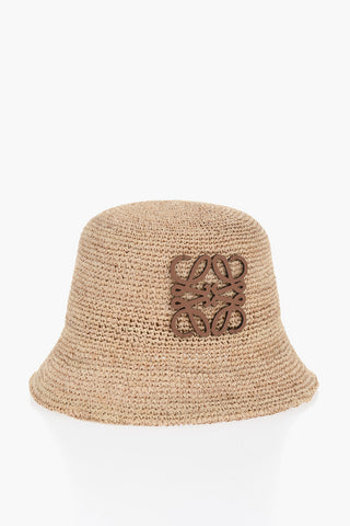 Raffia Bucket Hat with Leather Logo Patch