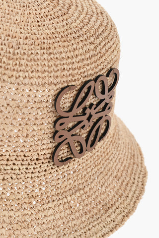 Raffia Bucket Hat with Leather Logo Patch