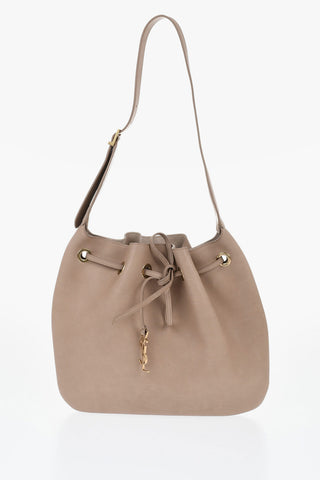 Leather Shoulder Bag with Drawstring and Logo Charm