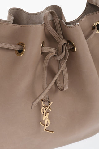 Leather Shoulder Bag with Drawstring and Logo Charm