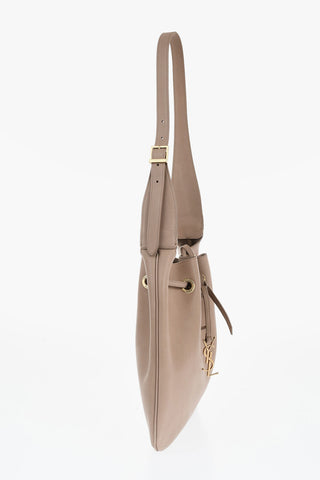 Leather Shoulder Bag with Drawstring and Logo Charm