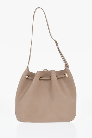 Leather Shoulder Bag with Drawstring and Logo Charm