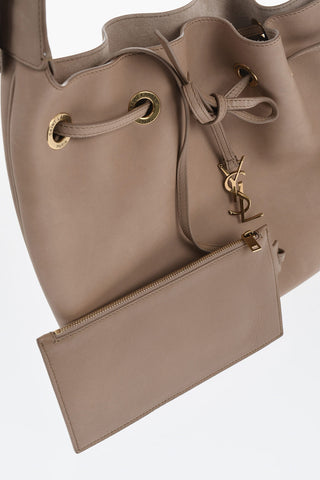 Leather Shoulder Bag with Drawstring and Logo Charm