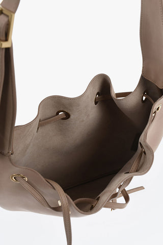Leather Shoulder Bag with Drawstring and Logo Charm