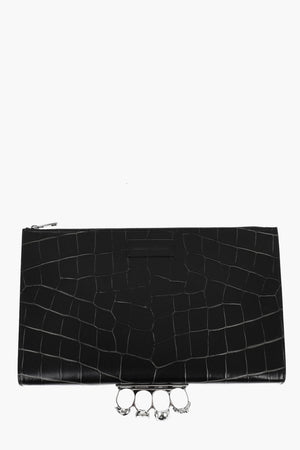 Embossed Crocodile-Effect Leather Envelope Bag