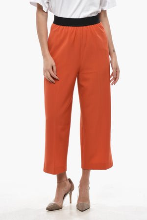 Pantaloni Cropped Fit in Misto Lana Twill con Elastico in Vita