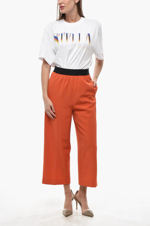 Pantaloni Cropped Fit in Misto Lana Twill con Elastico in Vita