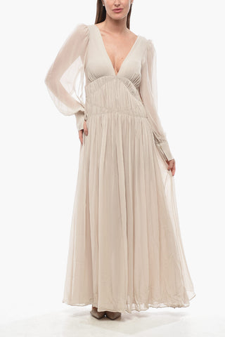 Vestito Lungo CARLEIGH in Seta a Maniche Lunghe con Profondo Scollo a V
