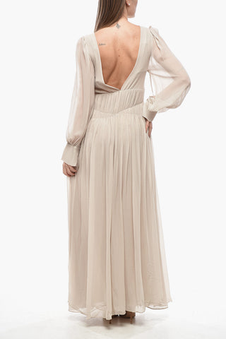Vestito Lungo CARLEIGH in Seta a Maniche Lunghe con Profondo Scollo a V