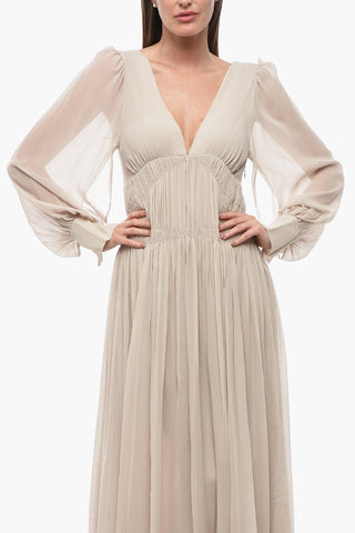 Vestito Lungo CARLEIGH in Seta a Maniche Lunghe con Profondo Scollo a V