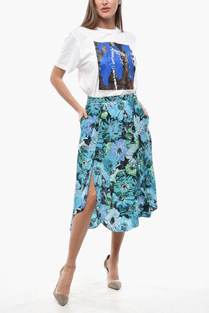Midi Flared Silk Skirt with Floral Pattern