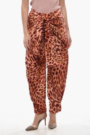 Pantaloni in Chiffon di Seta Animalier con Nodo Frontale