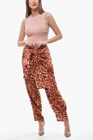 Pantaloni in Chiffon di Seta Animalier con Nodo Frontale