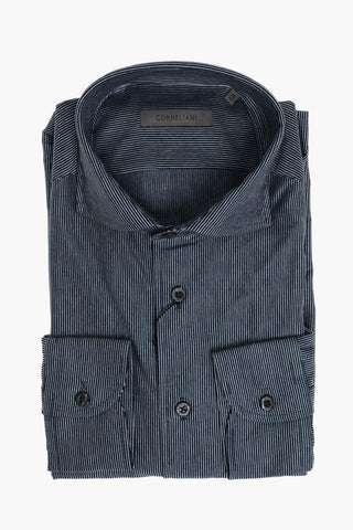 Camicia in Jersey di Cotone a Righe Hairline con Collo Francese