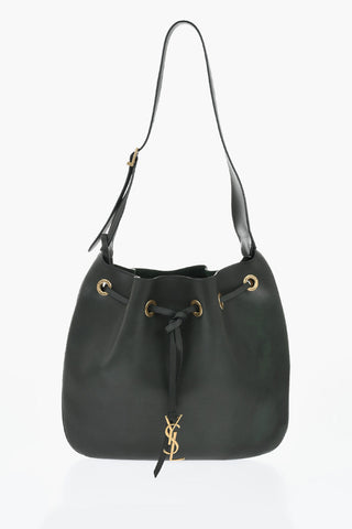 Leather Shoulder Bag with Drawstring and Logo Charm
