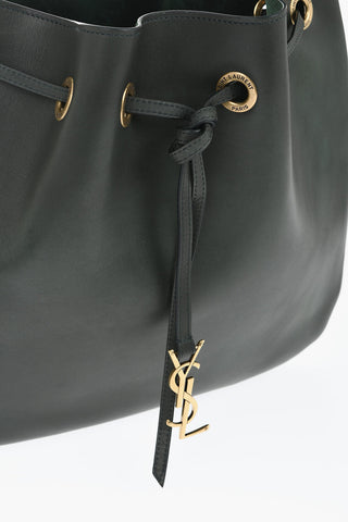 Leather Shoulder Bag with Drawstring and Logo Charm