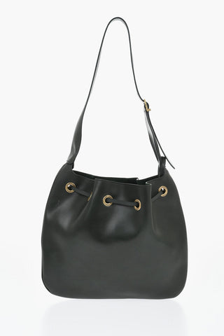 Leather Shoulder Bag with Drawstring and Logo Charm