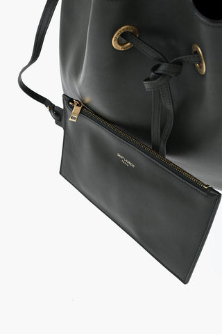 Leather Shoulder Bag with Drawstring and Logo Charm