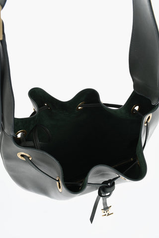 Leather Shoulder Bag with Drawstring and Logo Charm