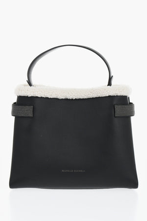 Tote Bag aus Leder mit Lammfell-Detail