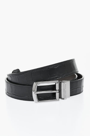 Reversible Embossed Crocodile-Effect Leather Belt 30mm