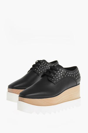 Scarpe Derby in Ecopelle con Stelle e Zeppa in Legno 8,5cm