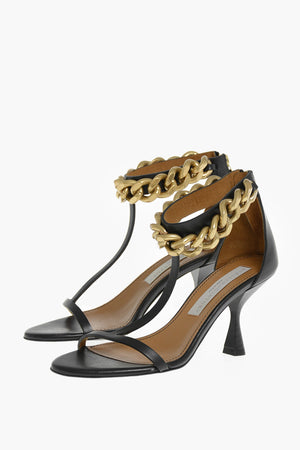 Faux Leather T-Strap Sandals with Gold-Effect Chain, 8,5cm Heel