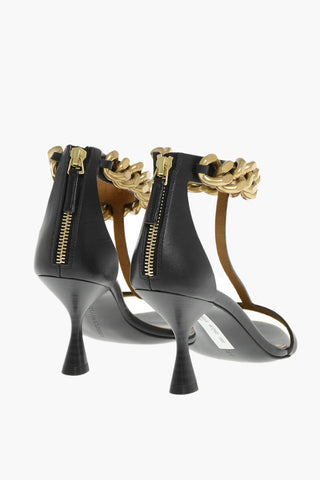 Faux Leather T-Strap Sandals with Gold-Effect Chain, 8,5cm Heel