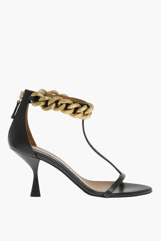Faux Leather T-Strap Sandals with Gold-Effect Chain, 8,5cm Heel