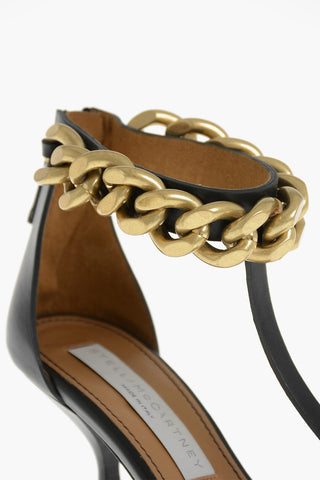 Faux Leather T-Strap Sandals with Gold-Effect Chain, 8,5cm Heel