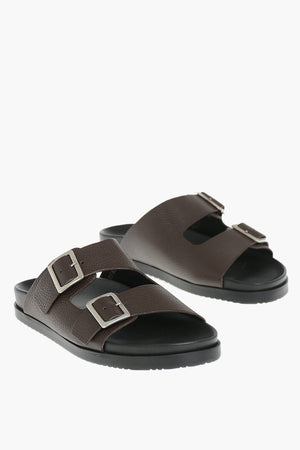 Pebbled Leather Slides With Buckles