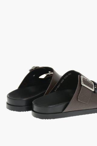 Pebbled Leather Slides With Buckles